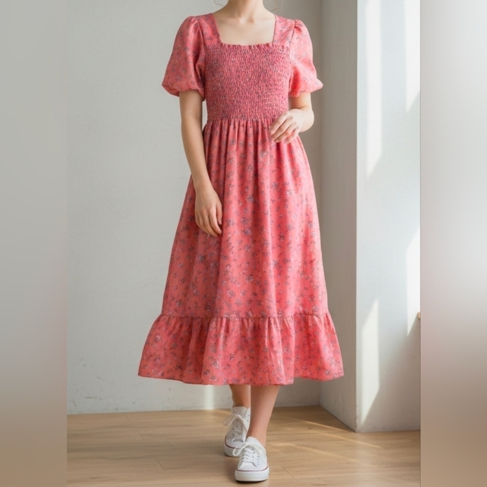 Women's Square Neck Floral Smocked Short Sleeve Ruffle Tiered Midi Dress PINK XS